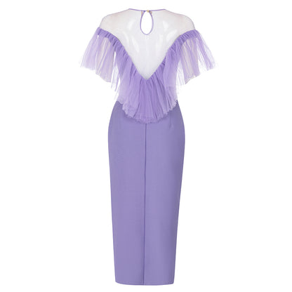 Ruffle Mesh Midi Dress Purple V8744