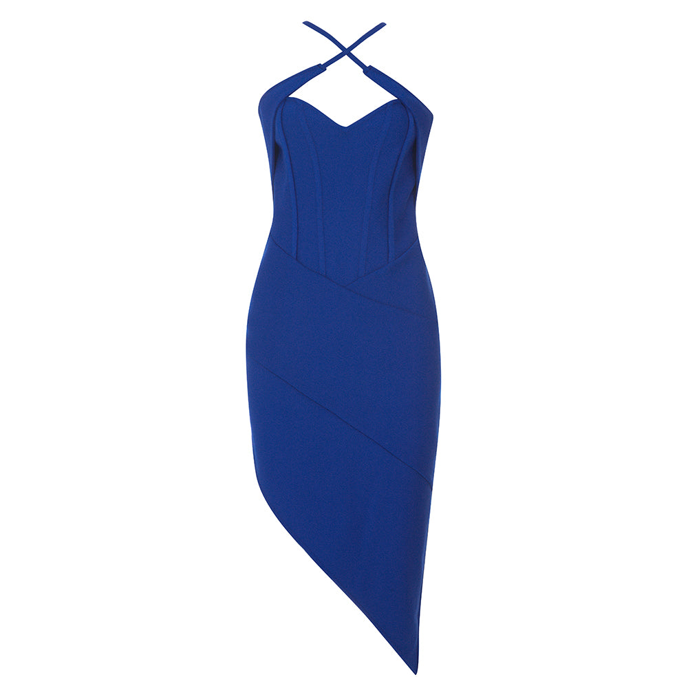 Halter Structured Asymmetric Dress Blue HV8721