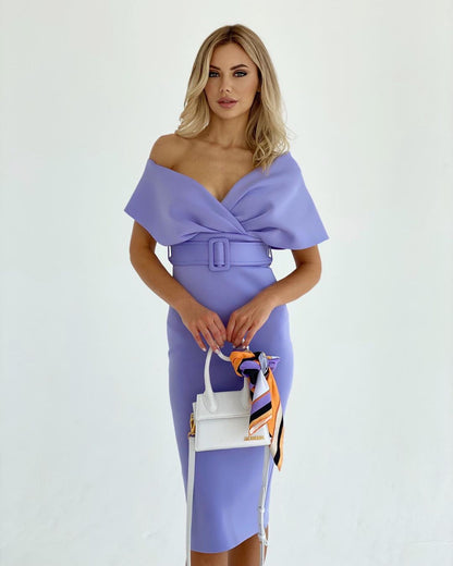 Off The Shoulder Belt Midi Dress  HV7760