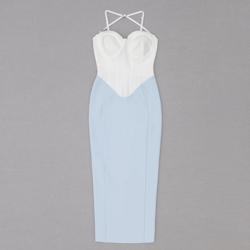 Halter Bustier Midi Dress White Blue HV8747