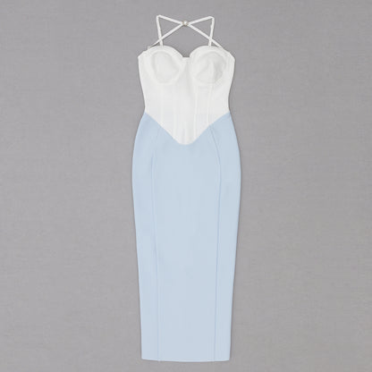 Halter Bustier Midi Dress White Blue HV8747