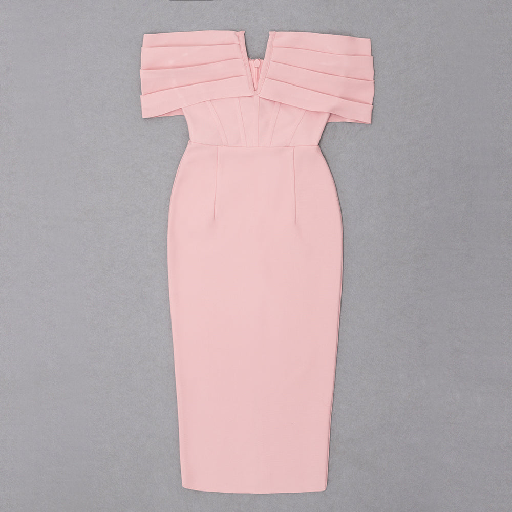 Draped Off Shoulder Structured Midi Dress Pink  HV8586