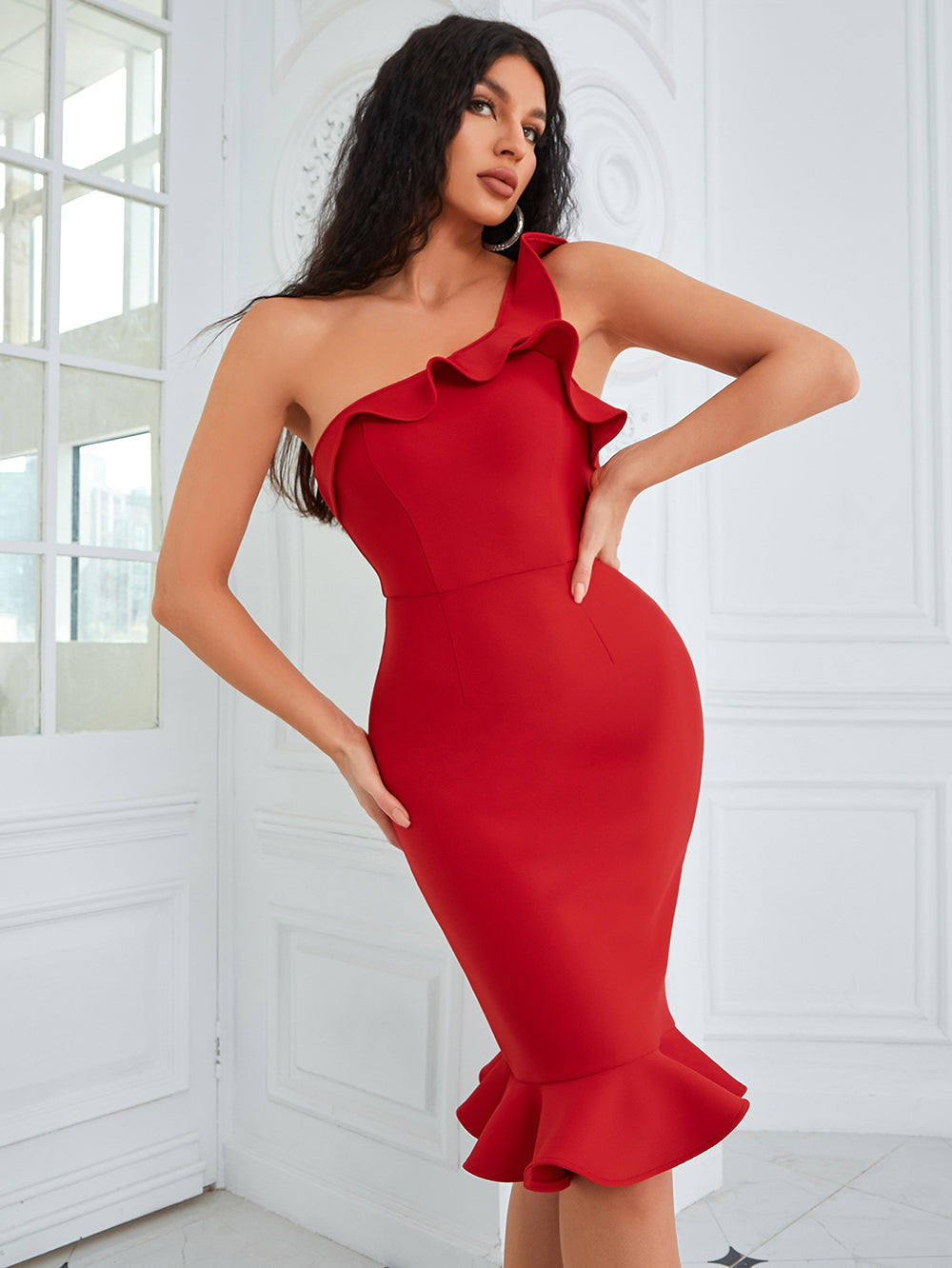 One Shoulder Ruffle Fluted Midi Dress V8749