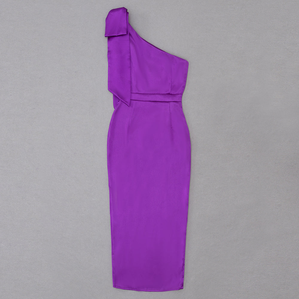 One Shoulder Bow Detail Midi Dress Purple  HV8782