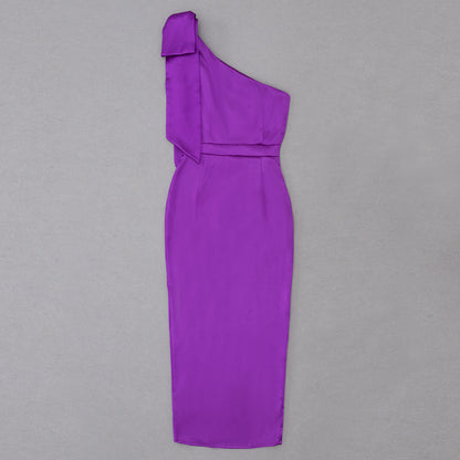 One Shoulder Bow Detail Midi Dress Purple  HV8782