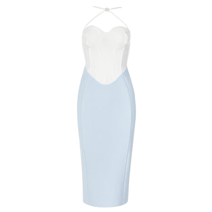 Halter Bustier Midi Dress White Blue HV8747