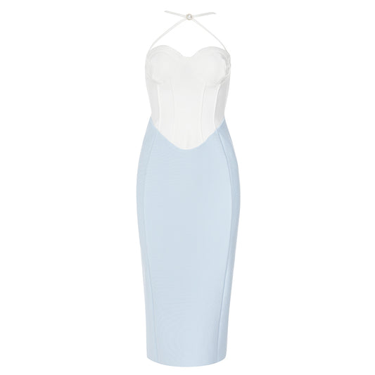 Halter Bustier Midi Dress White Blue HV8747